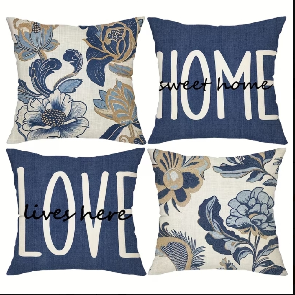 Blue and Cream Floral & Text Throw Pillow Covers - Set of 4